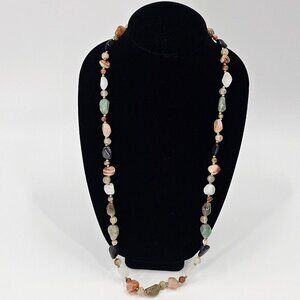 Vintage Semi Precious Gemstone Agate Necklace 35" Barrel Clasp Natural Stones